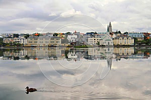 The horizon reflect in the lake of the Reykjavik city, capital of Iceland