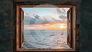 Horizon View: Embracing Nature - A weathered window frame reveals stunning sunset over ocean, creating picturesque scene of