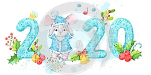 Horizontal 2020 New Year banner with turquoise hand painted patterned numbers and cute mouse, rat in blue costume. Background deco