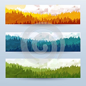 Horizontal abstract banners of hills of coniferous wood with mountain goats in different tone.