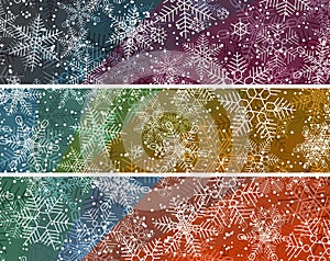 Horizontal abstract colored banners with bright snowfall.