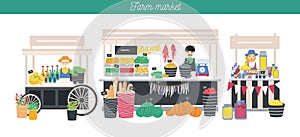 Horizontal advertising banner on farm market theme, organic food. Different vendors, local shop. Farmers sell fresh photo