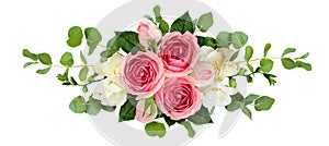 Horizontal arrangement with pink roses, freesia flowers and eucalyptus leaves
