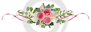 Horizontal arrangement with pink roses, freesia flowers, eucalyptus leaves and sarin ribbons