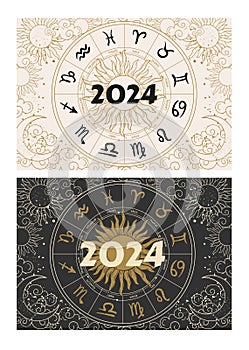 Horizontal Astrological cover for diary, calendar for 2024. Golden sun and moon, zodiac wheel with 12 horoscope symbols