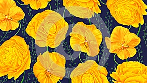 Horizontal background with bright yellow vector flowers. Buttercups and pansies on a dark background.