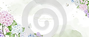 Horizontal background with colorful hydrangea, butterflies and stains