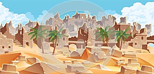 Horizontal background with desert and palms. City ruins on the horizon