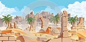 Horizontal background with desert and palms. City ruins on the horizon
