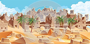 Horizontal background with desert and palms. City ruins on the horizon photo