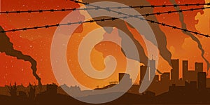 Horizontal background with destroyed city and barb wire. War concept banner with Barb Wire and town vector illustration