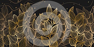 Horizontal background with exotics golden leaves. Hand drawn luxury golden tropical leaf on dark background. photo