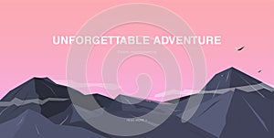 Horizontal background with mountains. Mountaineering colorful illustration, concept with place for text. Banner in