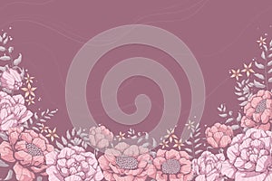 Horizontal background with pink roses, peonies and grey leaves. Banners template with floral motif. Place for text. Hand drawn