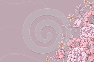 Horizontal background with pink roses, peonies and grey leaves. Banners template with floral motif. Place for text. Hand drawn