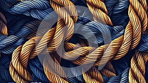 Horizontal background with rope texture. Interweaving blue and brown ropes. Generated by artificial intelligence