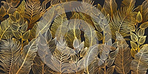 Horizontal background with various exotics golden leaves. Hand drawn luxury golden tropical leaf on dark background.