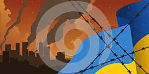 Horizontal background war in Ukraine. Ukraine flag concept with Barb Wire and destroyed city vector illustration