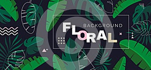 Horizontal  baner with green tropical leaves and geometric shapes on black background