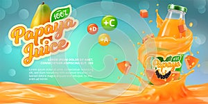 Horizontal banner with 3D realistic advertising of papaya juice, a bottle with papaya juice among the splashes and a