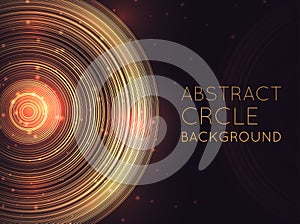 Horizontal banner with abstract glowing background with concentric circles, glitter and space for text. Shine halos. Template