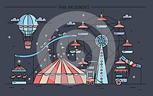 Horizontal banner with amusement park. Circus, ferris wheel, attractions, side view with aerostat in air. Colorful line