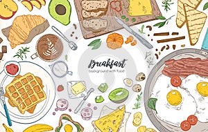 Horizontal banner or background with frame consisted of various breakfast meals and wholesome morning food - croissant