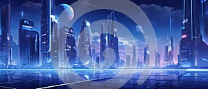 Horizontal banner of billboards on futuristic city scene