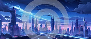 Horizontal banner of billboards on futuristic city scene