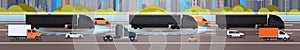 Horizontal Banner With Black Cargo Truck Trailers On Highway Road With Lorry And Cars Over City Background Concept
