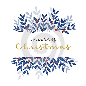 Horizontal banner of blue leaves and red berries with Merry Christmas handwritten calligraphy