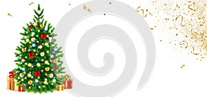 Horizontal Banner with Christmas Tree Decorated with Glowing Garlands and Golden Confetti