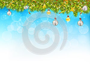 Horizontal banner with christmas tree garland and ornaments. Han