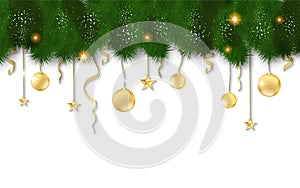 Horizontal banner with christmas tree garland and ornaments. Hanging gold and red balls and ribbons