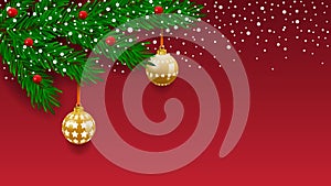 Horizontal banner with christmas tree garland and ornaments. Hanging gold and ribbons. Great for flyers, posters, headers. Vector