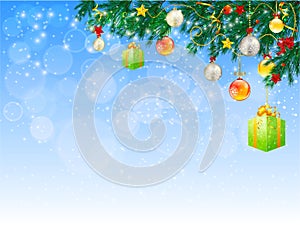 Horizontal banner with christmas tree garland and ornaments.