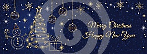 Horizontal banner with copy space, christmas symbols of gold, silver chains