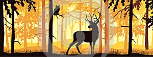 Horizontal banner of deer with antlers posing, forest background, silhouettes of trees. Magical misty landscape.
