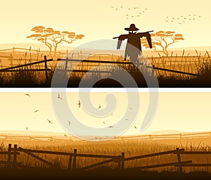 Horizontal banner of farm fields with fence.