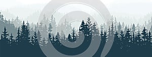 Horizontal banner of forest background, silhouettes of trees. Magical misty landscape, fog. Blue and gray illustration.