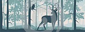 Horizontal banner of forest landscape. Deer with antlers in magic misty forest. Owl on branch. Silhouettes of trees and animals