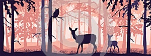 Horizontal banner of forest landscape. Doe and fawn in magic misty forest. Owl on branch.