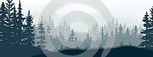 Horizontal banner of forest and meadow, silhouettes of trees and grass. Magical misty landscape, fog. Blue and gray illustration