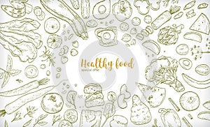 Horizontal banner with frame consisted of different healthy or wholesome food, fruit and vegetable slices, nuts, eggs photo