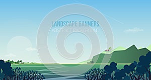 Horizontal banner with gorgeous riverside landscape or scenery. Picturesque view with river, bushes or shrubs, house or