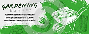 Horizontal banner with green grungy scratchy texture, stylized sketchy garden wheel with dirt, spade, wellies and potatoes photo