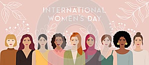 Horizontal banner with group of diverse female characters stand together. International Women s Day, 8 March. Woman empowerment,
