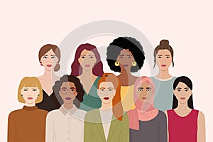 Horizontal banner with group of diverse female characters stand together. International Women s Day, 8 March. Woman empowerment,