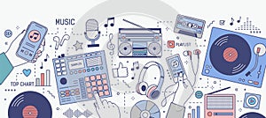 Horizontal banner with hands and various devices for music playing and listening - mobile application on smartphone