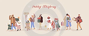 Horizontal banner with happy people walking and carrying wrapped gift boxes and Merry Christmas inscription. Men and